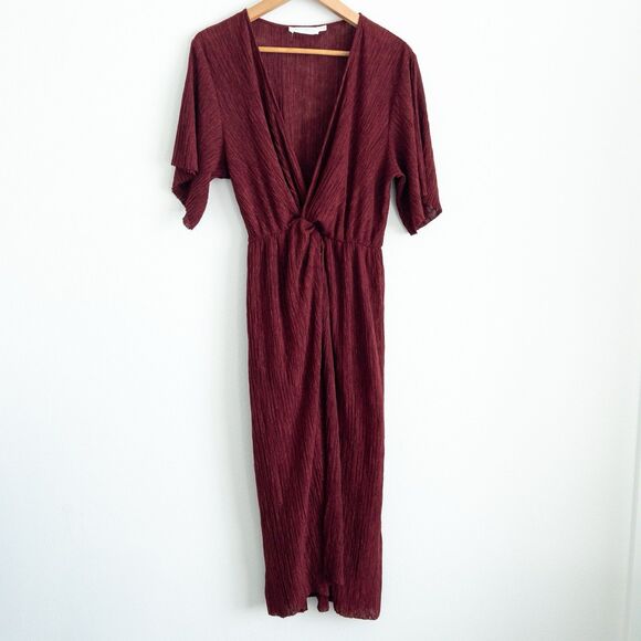 Notched Waist Crinkle Burgundy Deep V-neck Midi Dress Whimsigoth Size Small - Picture 1 of 13